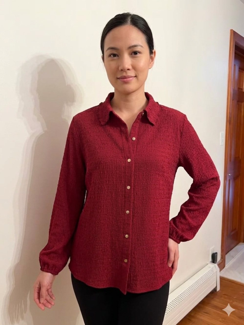 Anne Klein Wine Red Crinkled Gauze Button-Up Blouse Medium